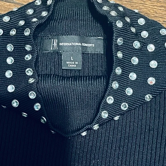 INC International Concepts Black Ribbed Sweater with Rhinestone Collar - Picture 2 of 11